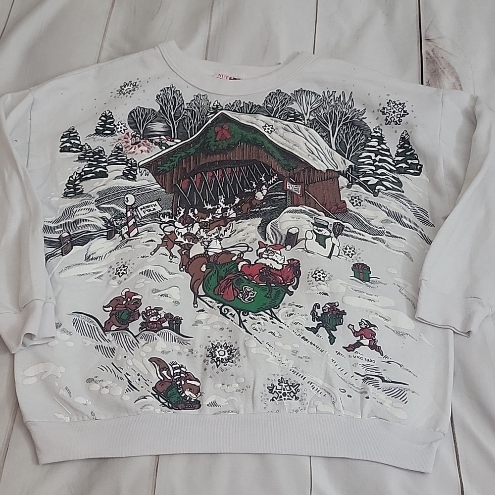 Vintage 90s Nut Cracker Christmas Sweatshirt Large Santa Covered Bridge AOP